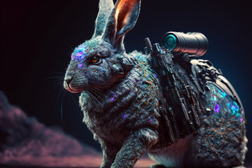 Obraz na płótnie Canvas A cyberpunk battle bunny with a weapon created with Generative AI technology