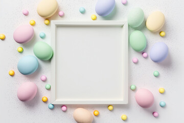 Oeufs de Pâques de couleur pastel, vue de dessus, espace vide pour écrire, carte, bannière, invitation (AI)