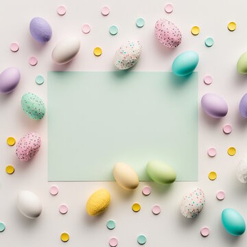 Oeufs de Pâques de couleur pastel, vue de dessus, espace vide pour écrire, carte, bannière, invitation (AI)