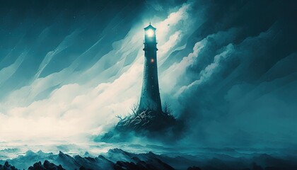  a painting of a lighthouse in the middle of the ocean with a light on it's head and a cloudy sky above it,.  generative ai