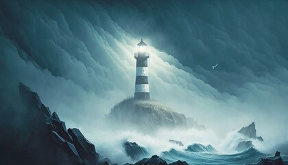  a painting of a lighthouse in the middle of the ocean with a bird flying over it and a bird flying over the water below it.  generative ai