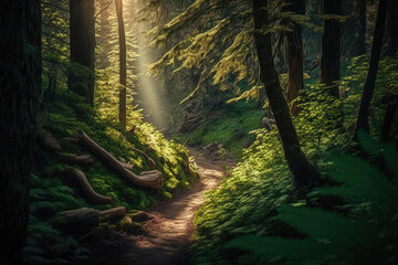 Spring hike through a lush forest with sunlight filtering through the trees, generative ai