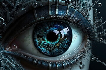 gros plan d'un oeil  cybernétique bleu, généré par IA