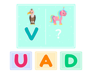 Naklejka premium Educational logic game for kids. Children's alphabet education. Development of logic iq. Visual intelligence, mind games. Vector illustration.