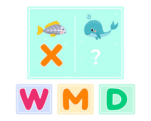 Educational logic game for kids. Children's alphabet education. Development of logic iq. Visual intelligence, mind games. Vector illustration.