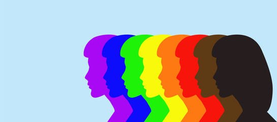 Women head silhouette Rainbow pride new design flag colors LGBTQ+ symbol Human rights concept Copy space Side view vector illustration Isolated on light blue background