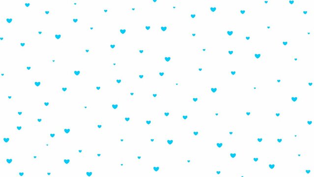 Animated blue hearts flying from top to bottom. Looped video. Rain of hearts isolated on white background.