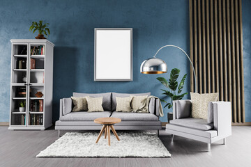 minimalistic modern elegant living room interior with single vintage sofa in front of blue wall, shelf and white carpet; copy space and empty canvas; 3D Illustration