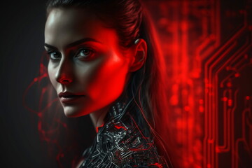 Portrait d'une belle femme cyborg rouge au milieu de circuits imprimés, généré par IA
