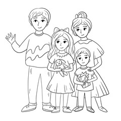 Family portrait in cartoon style. Mother, father, son and daughter. Vector black outline illustration.