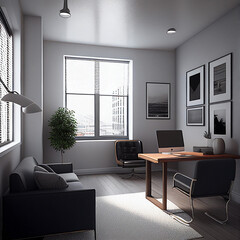 AI generated modern office space, room with a desk, chair, bookshelf and pictures on the wall