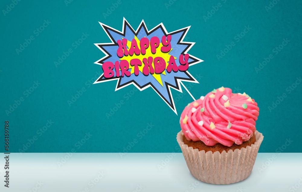 Wall mural Celebration birthday cupcake on color background