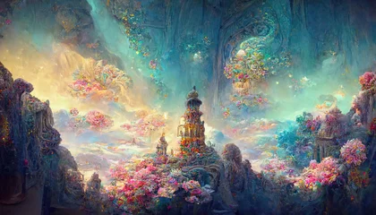 ai midjourney generated abstract fantasy land in pastel colors, golden palace and colored sky © Claudia Nass