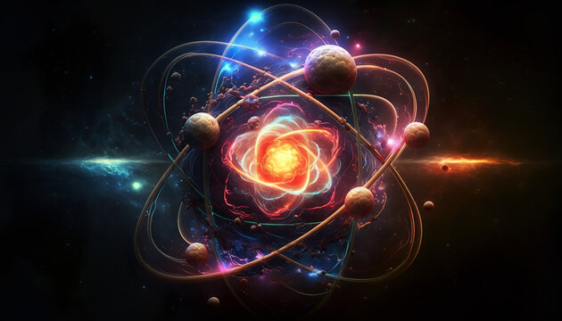 Atom Representation, particles, illustration in the universe. Big bang in the cosmos. Image generated by AI.
