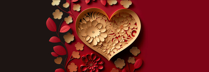 Red and gold background with hearts and flowers. AI