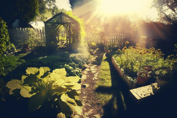 Jardin avec le soleil éblouissant, permaculture, potager (AI)