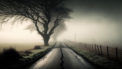  a foggy road with a tree and a fence in the foreground and a foggy field in the background, with a single tree in the foreground.  generative ai
