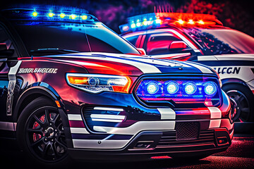 Fototapeta na wymiar Police car in New York. Police car with red and blue emergency lights. Emergency vehicle lighting. LED blinker flasher Police car. Road traffic jam accident. Crime in City. Operation, control, patrol.