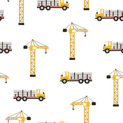 Childrens seamless pattern with truck and crane