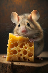 Mouse and cheese. Illustration of the mouse eating the cheese. AI generated image.