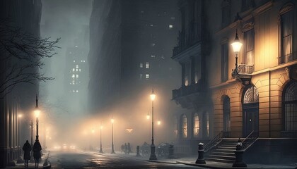  a city street at night with fog and street lights on the buildings and people walking down the street on a rainy night in the city.  generative ai