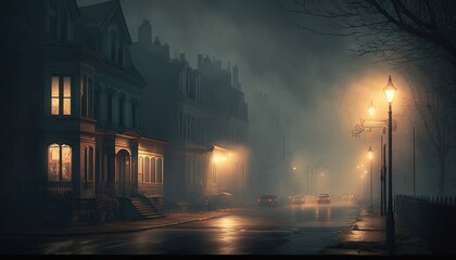  a dark city street at night with street lamps and buildings on a foggy night with a car driving down the street in the foreground.  generative ai