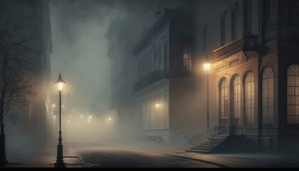  a foggy street at night with a lamp post in the foreground and a building on the far side of the street in the distance.  generative ai
