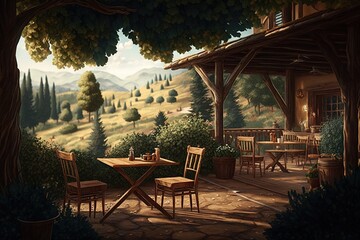  a painting of a patio with a table and chairs and a view of a mountain range and trees and a valley with a few trees.  generative ai