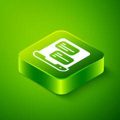 Isometric Taxi mobile app icon isolated on green background. Mobile application taxi. Green square button. Vector