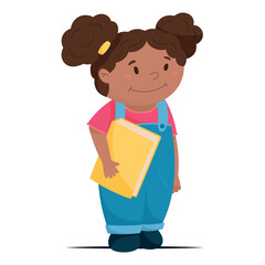 African American standing schoolgirl holding a book. Vector isolated cartoon illustration of a child.