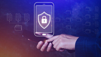 Cybersecurity and privacy concepts to protect data. Lock icon and internet network security technology, Businessman protecting personal data on smartphone, Virtual screen interfaces, cyber security.