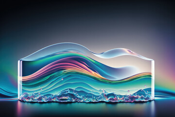 panorama of nature with an abstract backdrop. Glossy transparent glass flows over water. Moving holographic curved wave. Iridescent background or wallpaper design element. Generative AI