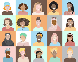 Seamless pattern with set of 20 diverse beautiful happy smiling women avatar icons, square frames. Races and nationalities diversity, multicultural, multi ethnic female characters collection vector.