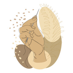 Human hands holding a needle and thread for sewing, in a modern one-line style, and the leaves of a plant. Continuous line drawing, contour for decor, posters, stickers, logo. Vector illustration.