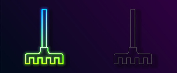Glowing neon line Garden rake icon isolated on black background. Tool for horticulture, agriculture, farming. Ground cultivator. Housekeeping equipment. Vector