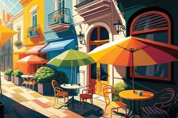 Naklejka premium a painting of an outdoor cafe with umbrellas and tables on a sunny day in a city with colorful buildings and a sidewalk with tables and chairs and umbrellas. generative ai