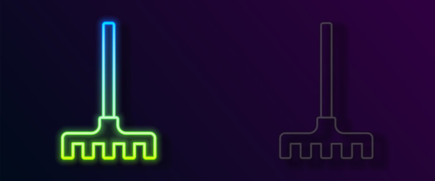 recommend clip art: Glowing neon line Garden rake icon isolated on black background. Tool for horticulture, agriculture, farming. Ground cultivator. Housekeeping equipment. Vector