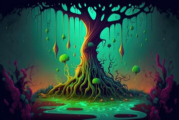 cartoon illustration, a magical forest landscape and an alien tree, generative ai