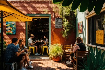  a group of people sitting at a table outside of a restaurant with yellow umbrellas over them and a yellow brick building with a green door.  generative ai