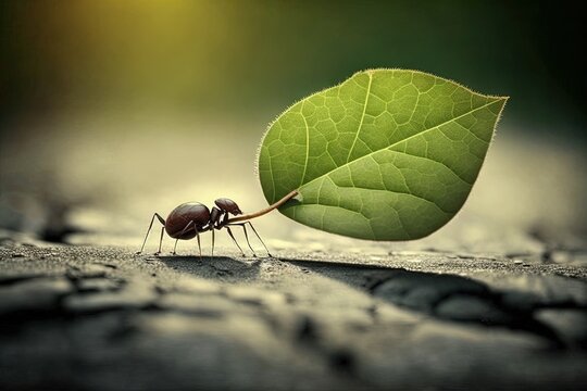  an ant carrying a green leaf on its back to the other side of the image, with the sun shining in the background and a blurry background.  generative ai