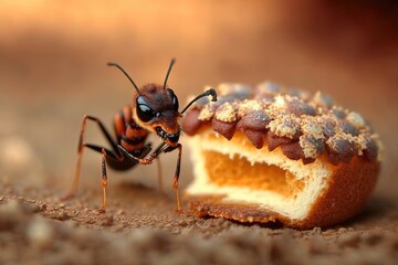  a close up of a small insect on a piece of bread with a bite taken out of the side of it to eat the inside of it.  generative ai