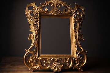 Over a wooden table, a gold toned baroque vintage empty photo frame is depicted. For mockups, a photo montage may be used. Generative AI