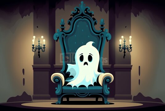 cartoon illustration, ghost in a castle at night, fantasy, generative ai