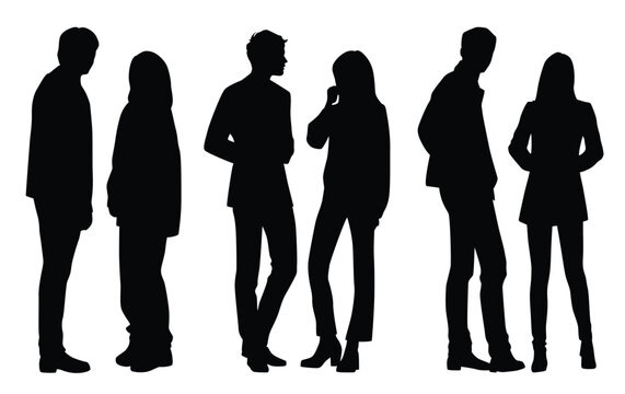 Vector silhouettes of  men and a women, a group of standing  business people, couple, profile, black color isolated on white background