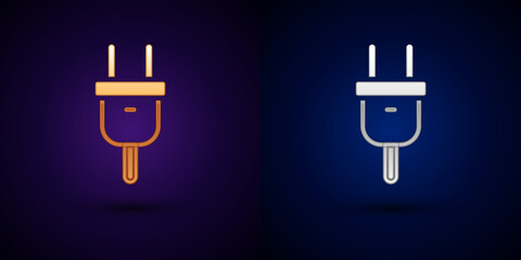 Obraz premium Gold and silver Electric plug icon isolated on black background. Concept of connection and disconnection of the electricity. Vector