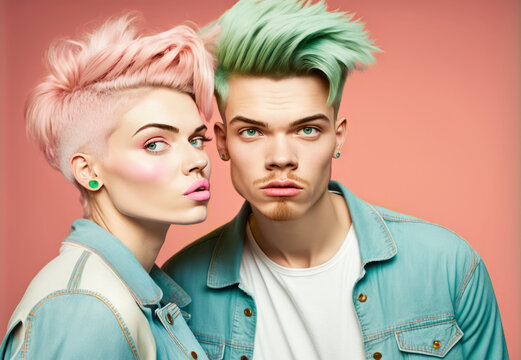  Handsome couple modern girl and guy about to kiss, young lovers with colored hair in modern clothes and colored hair in a romantic moment over pastel background. Generative AI