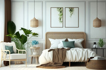 Minimal bedroom interior with Home decoration mock up. Cozy coastal stylish, furniture, comfortable bed, Modern design background with Generative AI.