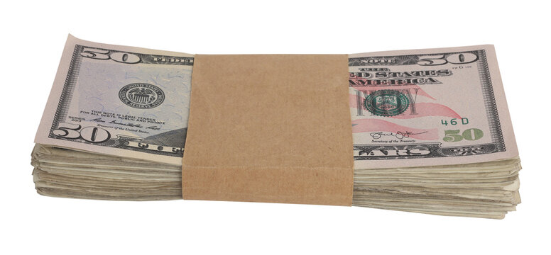 Bundle Of Five Thousand Dollars. Wad Of Money Bills Of Fifty Dollar Isolated On White Background. Cash Finance Concept