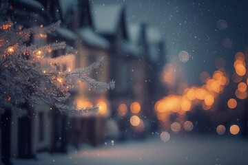 reminiscent of a wintery Christmas scene with bokeh lights and snowflakes. Generative AI