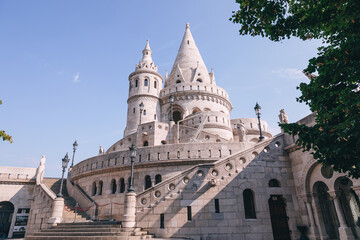Fototapeta na wymiar A landscape view of the old fisherman's bastion. A 19th-century fortress in Budapest, Hungary.